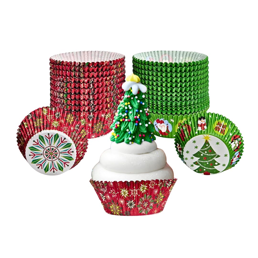 Green Direct Cupcake Liners - Standard Size Cupcake Wrappers to use for Pans or carrier or on stand - Paper Baking Cups, Christmas Design, (Pack of 500)[Amazon-developed Certification] Compact by Design