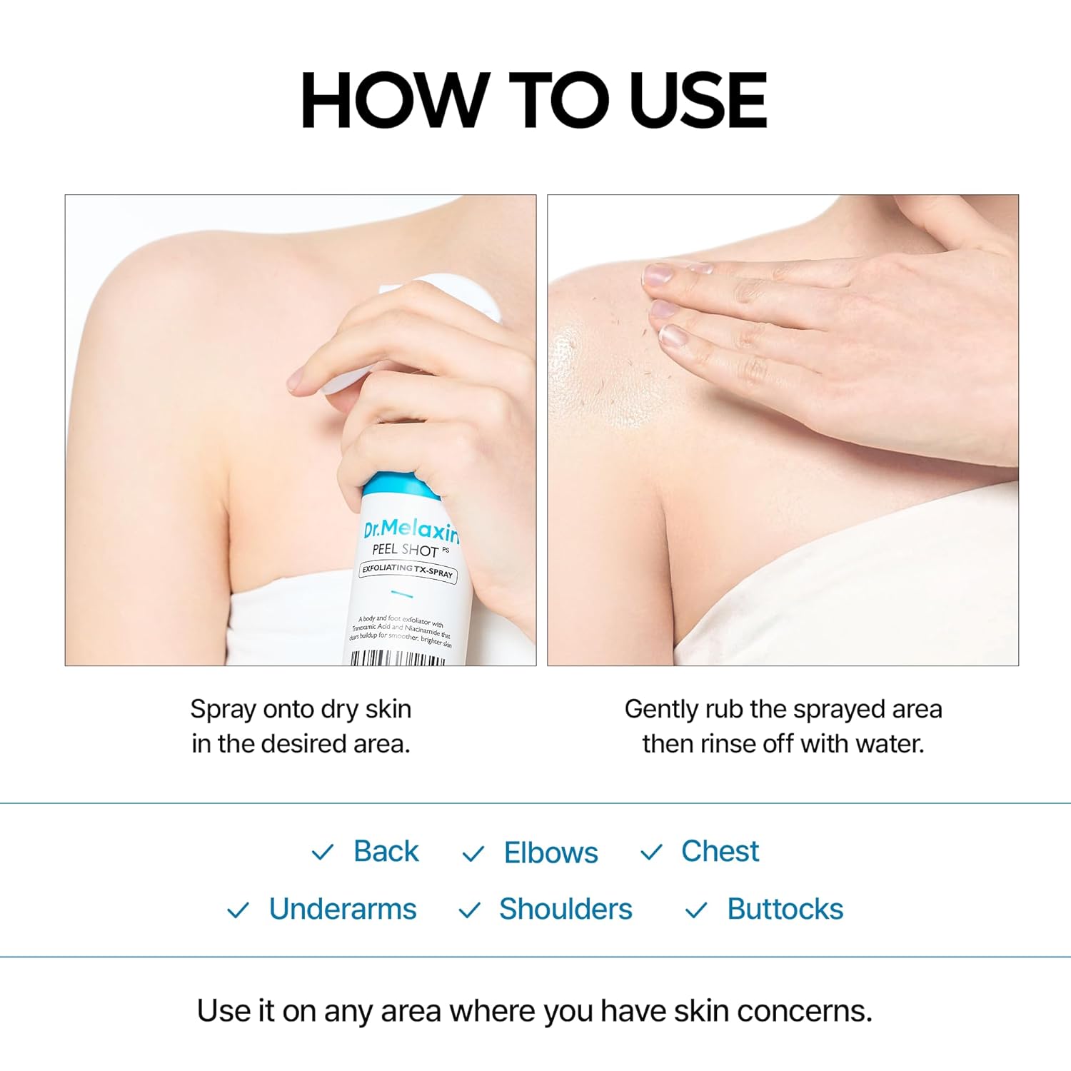 Dr.Melaxin TX Peel Shot Body Exfoliating Spray with Tranexamic Acid & Niacinamide, Brightening Body Care for Uneven Skin Tone, 200ml - Image 8
