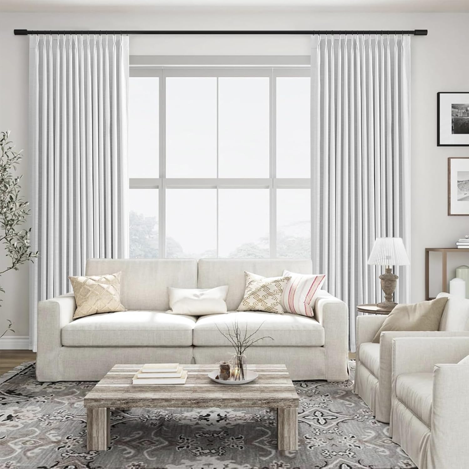 White Extra Long total Blackout Linen Curtains 108 Inches Long for Living Room Large Window with Hooks Rings,Pinch Pleated Soundproof Heat Blocking Window Drapes 2 Panels,Room Divider Curtains,9 FT