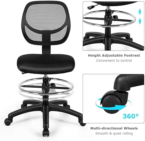 Miniatura 7 de SIMOE Silla de dibujo negra, silla de oficina alta con respaldo, silla de oficina en casa ajustable en altura sobre ruedas, silla ergonómica