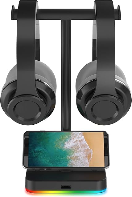 RGB Dual Headphone Stand with USB Hub KAFRI Desk Gaming Double Headset Holder Hanger Rack with 1 USB2.0 Extension Charging Port Extender Cord - Suitable for Gamer Desktop Table Game Earphone