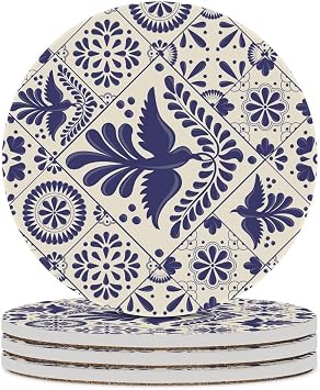 Coasters for Drinks Absorbent Round Mexican Talavera Style Birds Blue Ceramic Stone Anti Scratch Cork Housewarming Gifts Wedding Living Room Office Decoration Bar 3.9Inch Set of 1