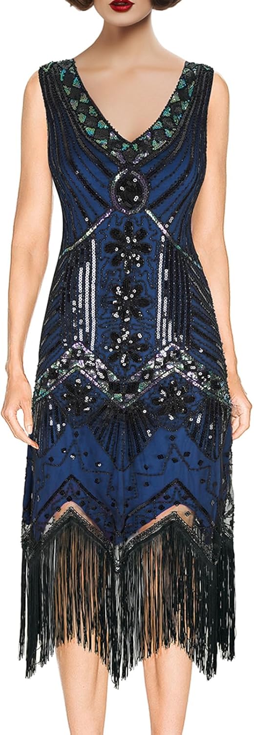 Women's 1920s Flapper Dress Vintage Lace Fringed Gatsby Cocktail Dress with 20s Accessories Set - Image 2