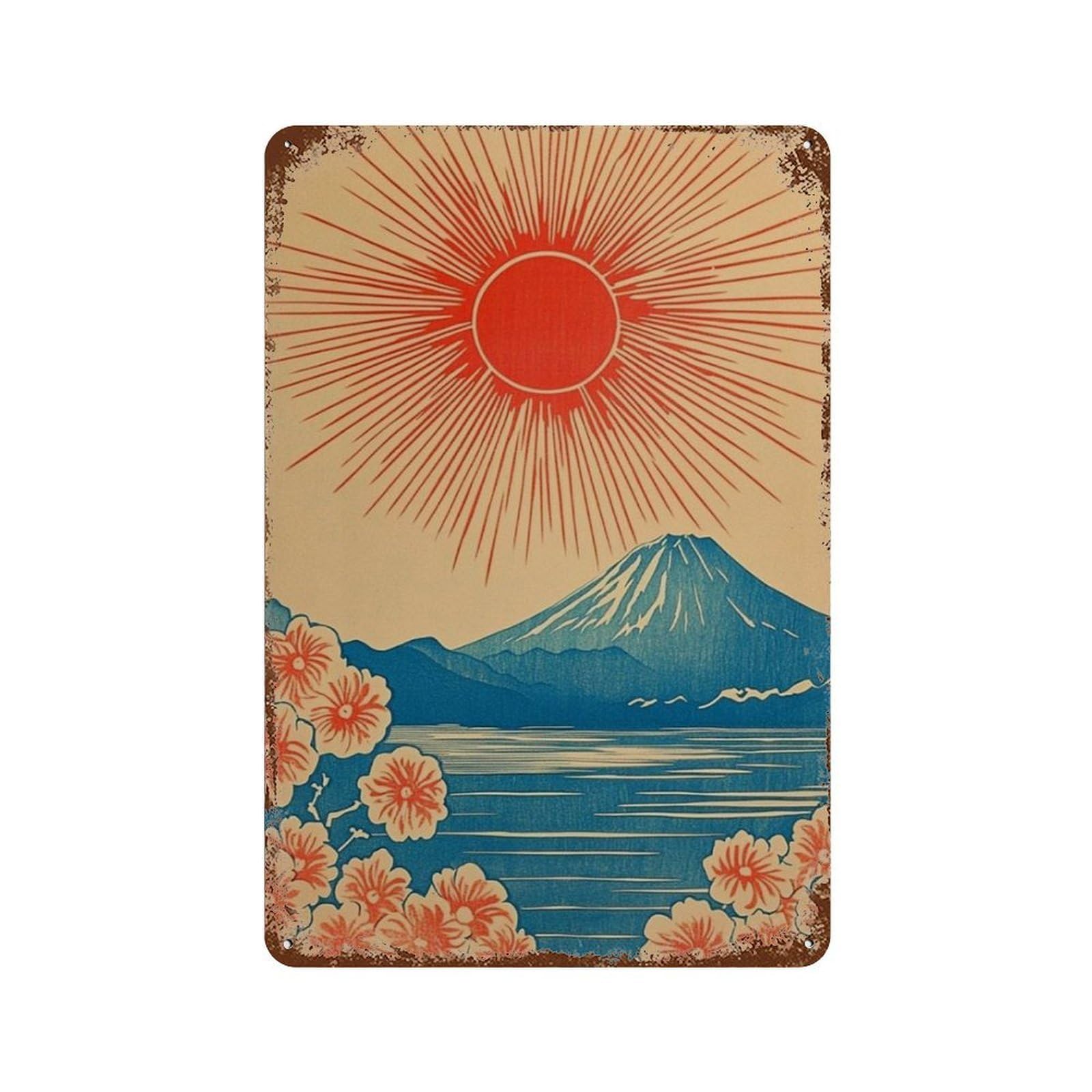 xiaoxiaoshen Mount Fuji Japanese Japan Landscape Red Sun Sakura Wall Decor Art Metal Tin Poster Modern Home Decor Art Home Bar Shop Decorations Vintage Sign 30x20cm