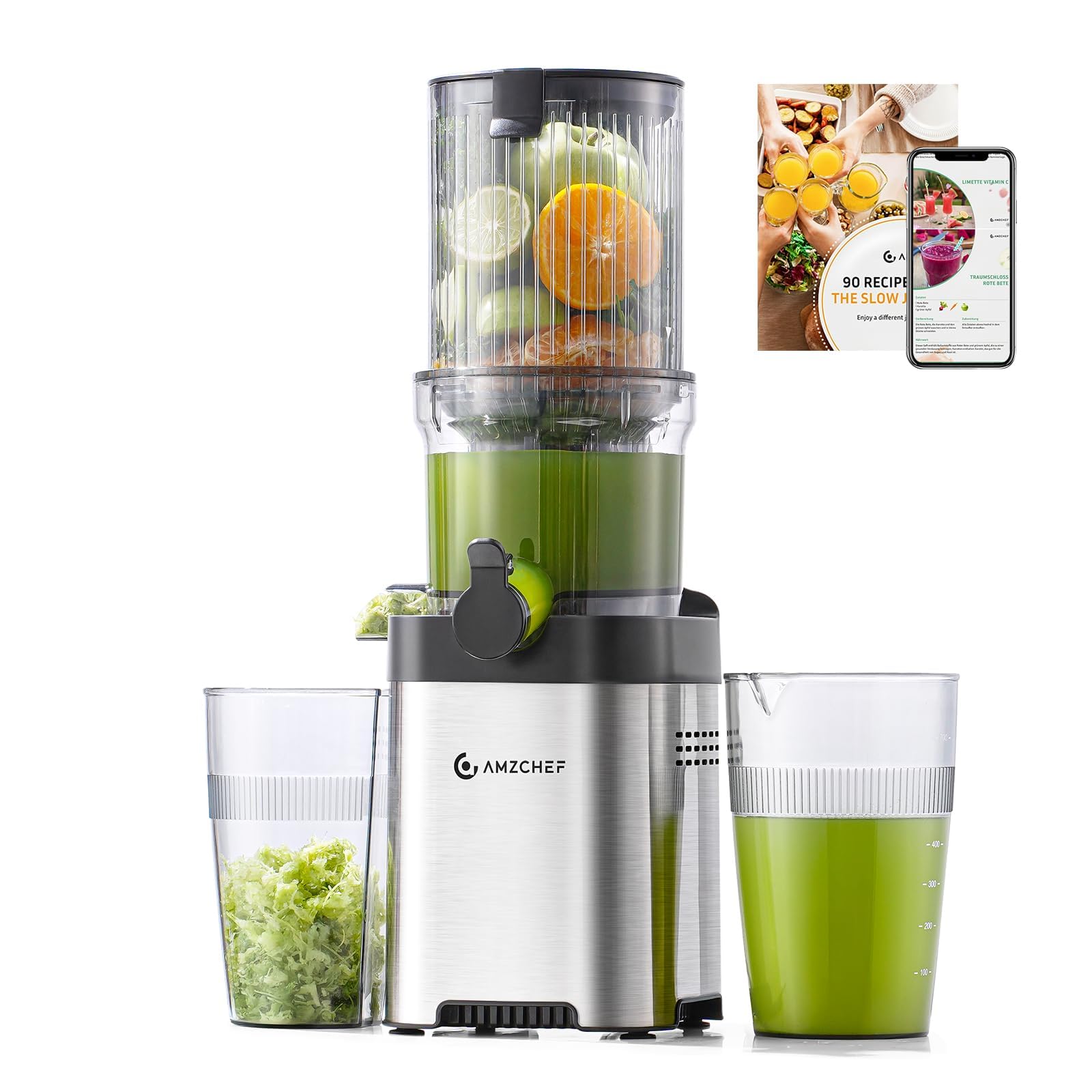 AMZCHEF Entsafter - Slow Juicer mit 120MM Breite und Größere Fütterungsröhre für Ganze Gemüse und Obst - Leicht zu Reinigender Entsafter mit 2 Gläsern - Silbrig