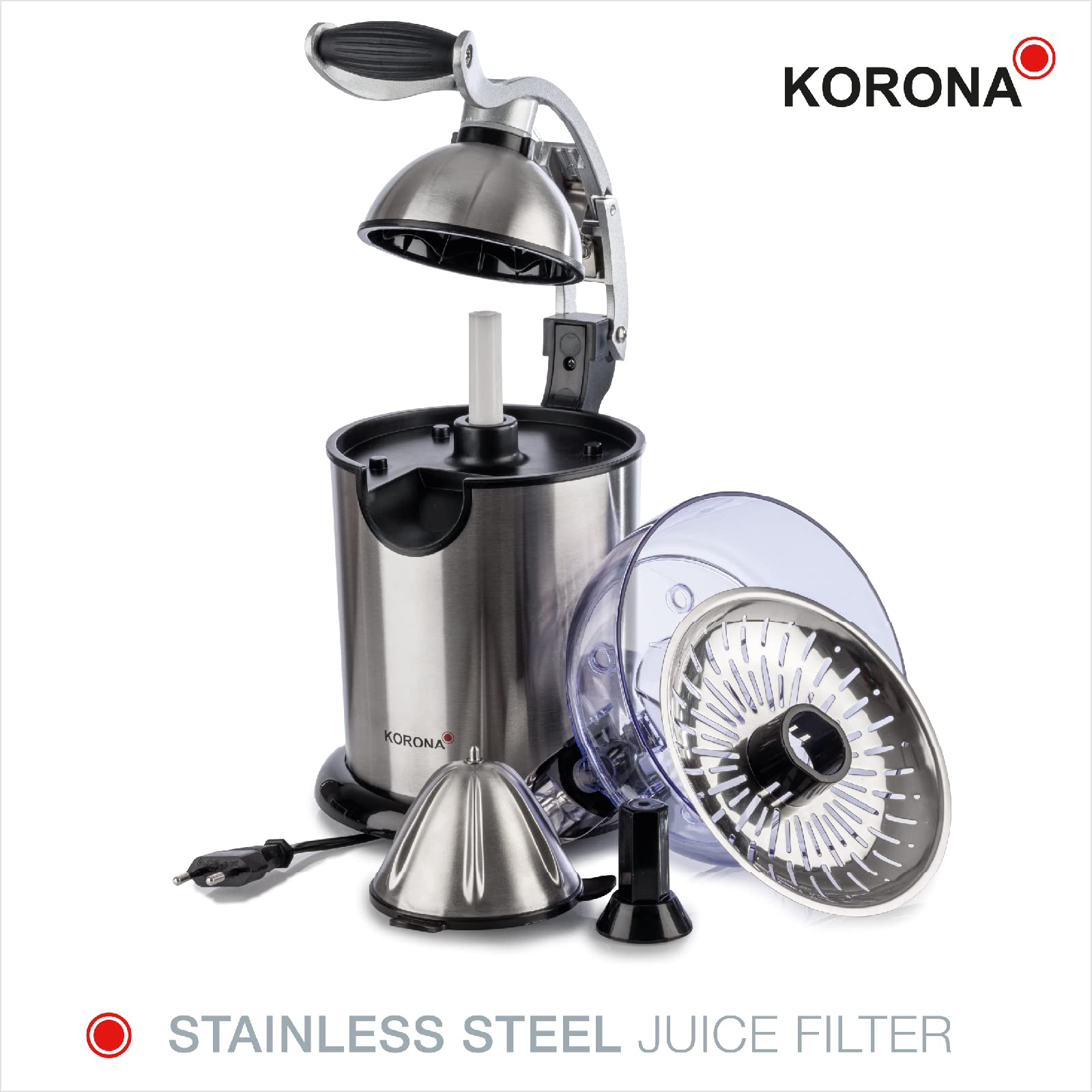 Korona 27050 Zitruspresse | Hochwertiges Edelstahlgehäuse | Ergonomischer Hebelarm | Mühelos bedienbar | 130 Watt | Ausgießer mit praktischem Tropf-Stopp, Orange