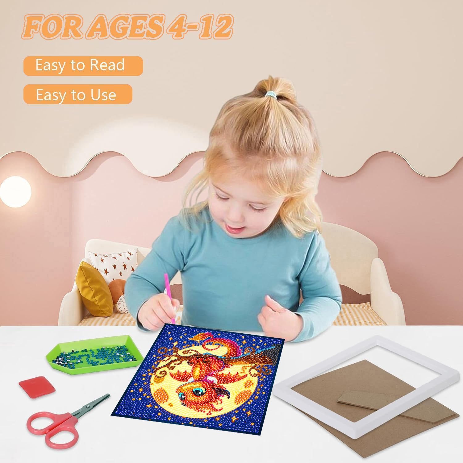 igoodom Dragon Diamond Art Kits for Kids with Frame, Dragon Small Diamond Painting Kit, DIY Big Gem Art and Crafts for Kids Ages 4-8-12 for Decor Gift 6x6 Inch