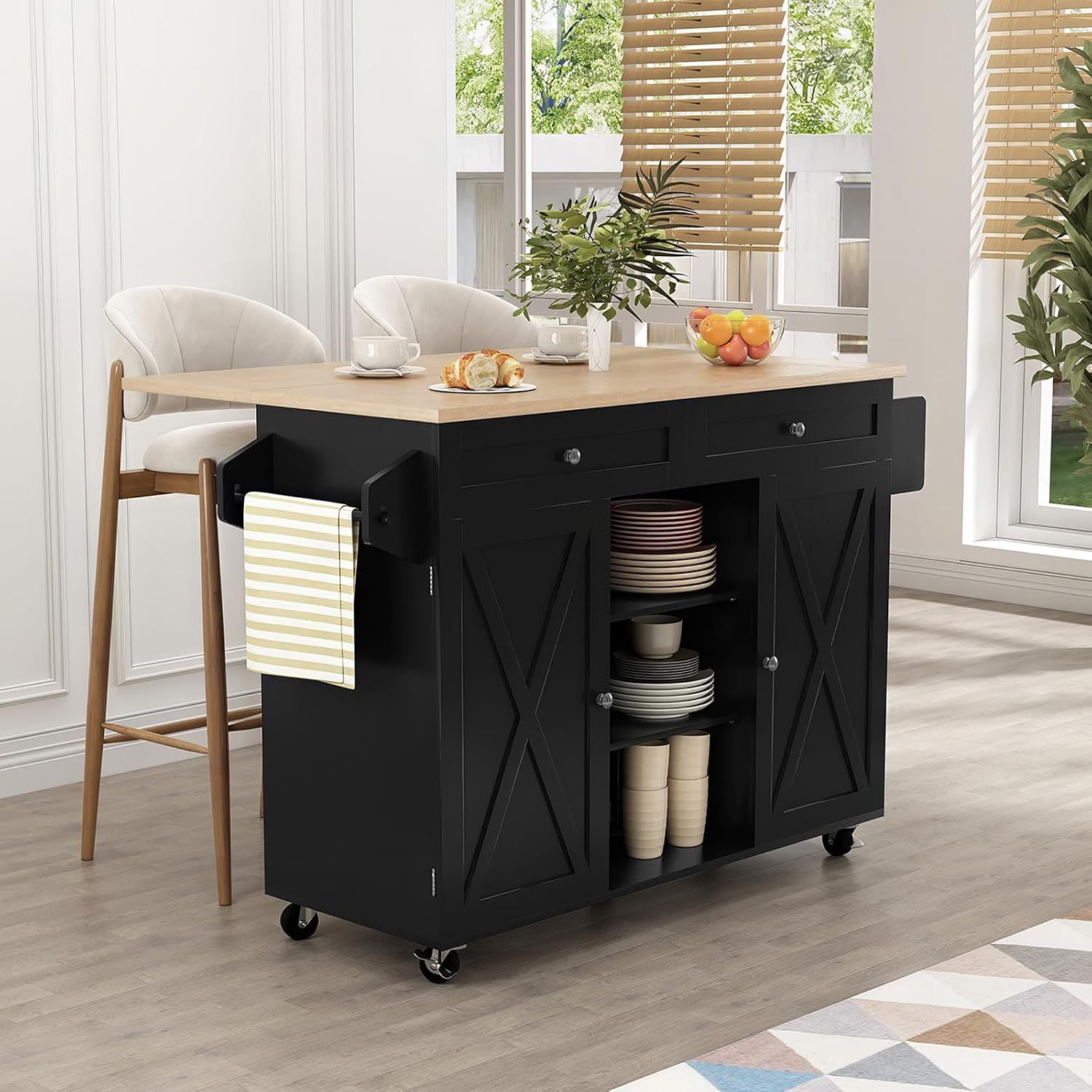 Interior view of the HLR Kitchen Island's storage cabinets and adjustable shelves