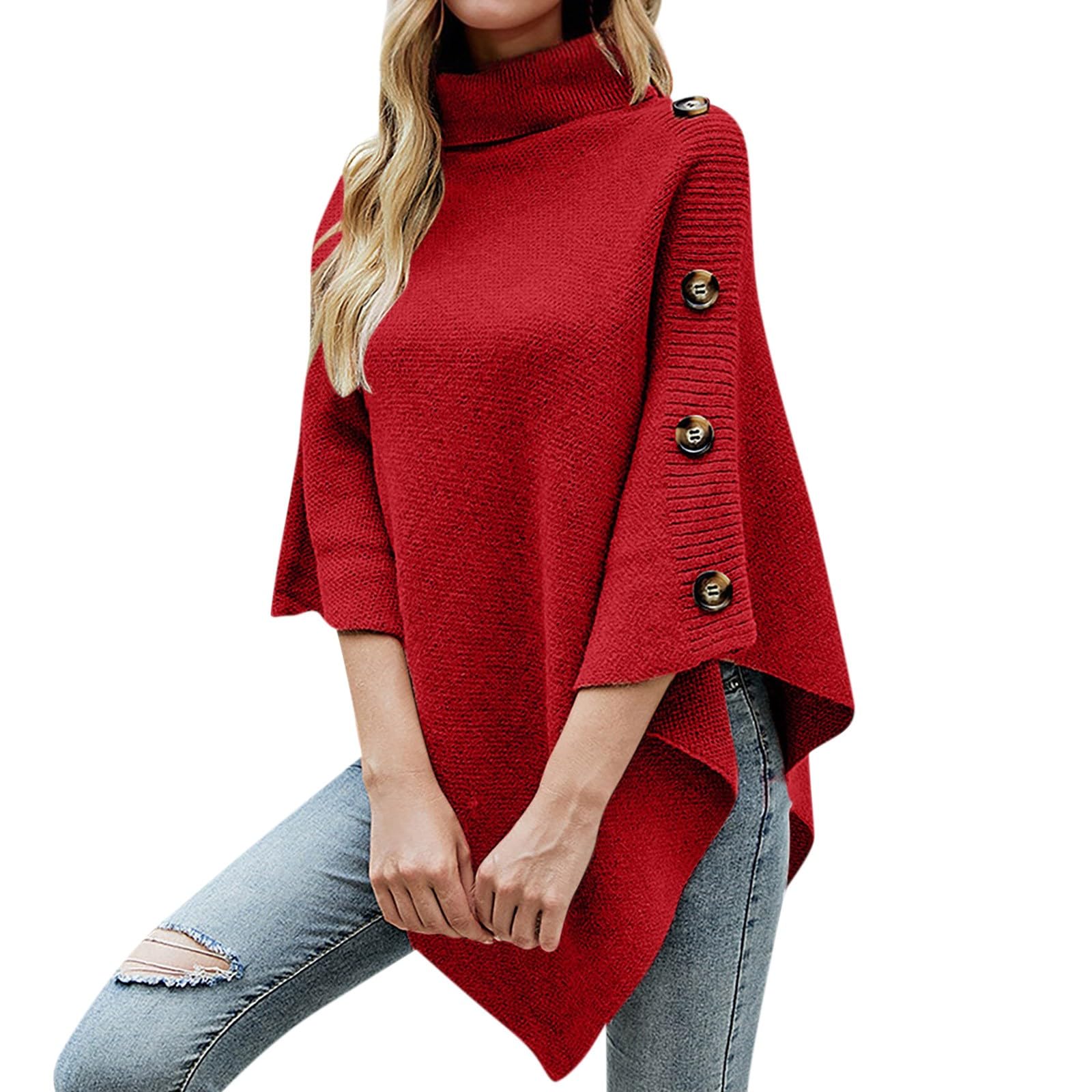 Women Turtleneck Knit Sweater Asymmetrical Poncho Cape Button Pullover Sweaters Oversize Casual Fashion Pullovers