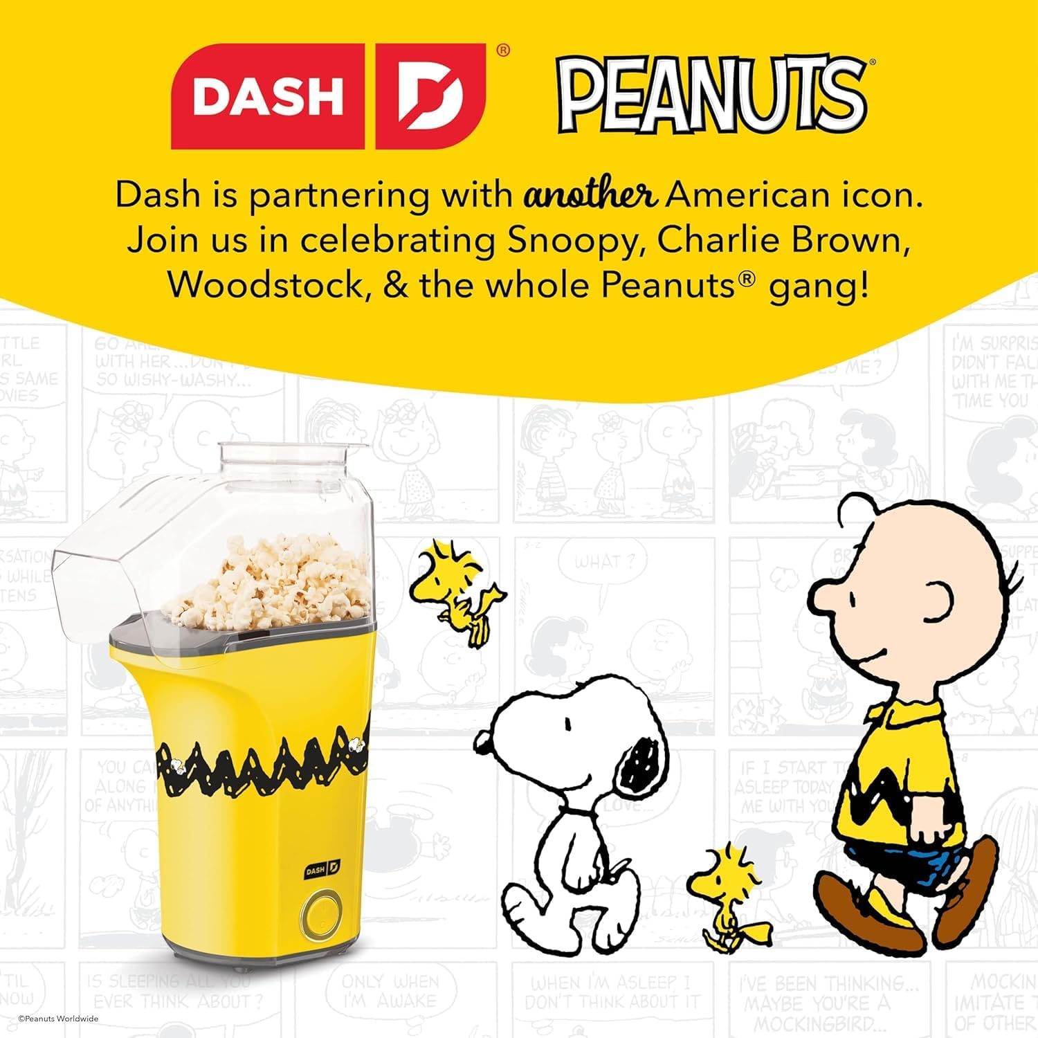 Peanuts DASH Fresh Pop Popcorn Maker - Oil-Free, Air Popcorn Popper - With Measuring Cup & Recipe Guide - Perfect for Movie Nights - 16 Cups
