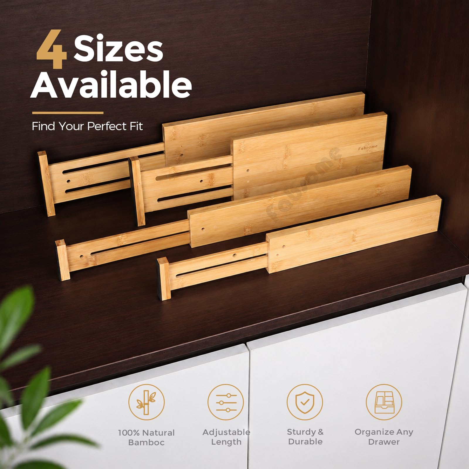 Fabsome Confezione da 6 organizer per cassetti, altezza 1,65 cm, regolabili da 43 a 55 cm, divisori per cassetti in bambù per abbigliamento per bambini, separatori in legno per cassettiera,