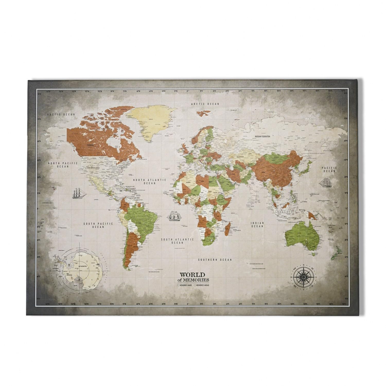 Colorfull Worlds Mappa del mondo in tela, mappa del mondo vintage con spilli, bacheca del mondo da parete, decorazione artistica su tela per casa, ufficio o studio, pronta da appendere (Discovery