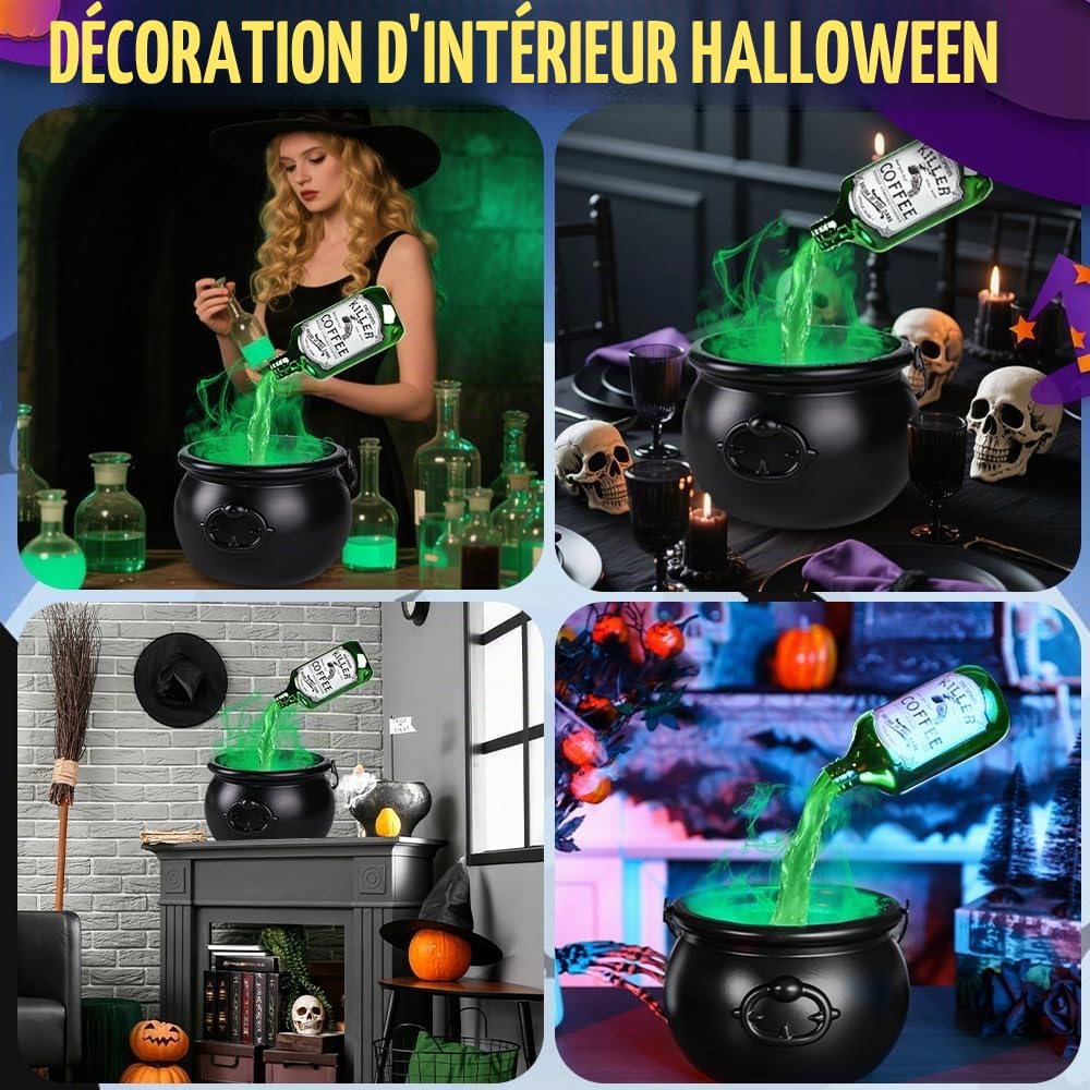 Halloween Decoration Chaudron Magique, Chaudron Sorciere DéCorations D'Halloween D'IntéRieur, Avec Bouteilles De Potion Magique Flottantes Avec Brumisateur Led, DéCoration FêTe Pourla Maison,Table (A)