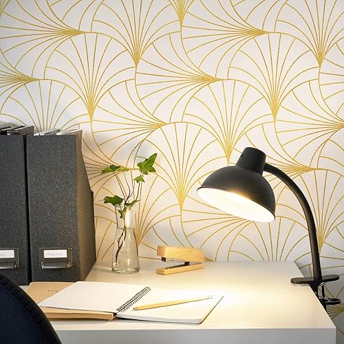 Miniatura 10 de Safiyya Papel tapiz de 118 x 17.7 pulgadas, papel adhesivo verde dorado, autoadhesivo, extraíble, moderno, enrejado, dorado, para dormitorio,