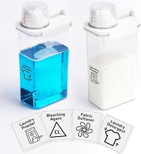 Dispensador de detergente para lavandería, paquete de 2, dispensador de detergente de 78 onzas con 4 etiquetas extraíbles, dispensador de jabón para