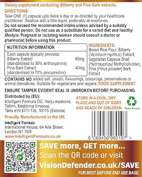 Eye and Vision Supplement with Blueberry Pine Bark Extract Antioxidants Anthocyanins and Procyanidins - Eye Dietary Supplement for Maintaining Normal Vision (60 Vegan Capsules)