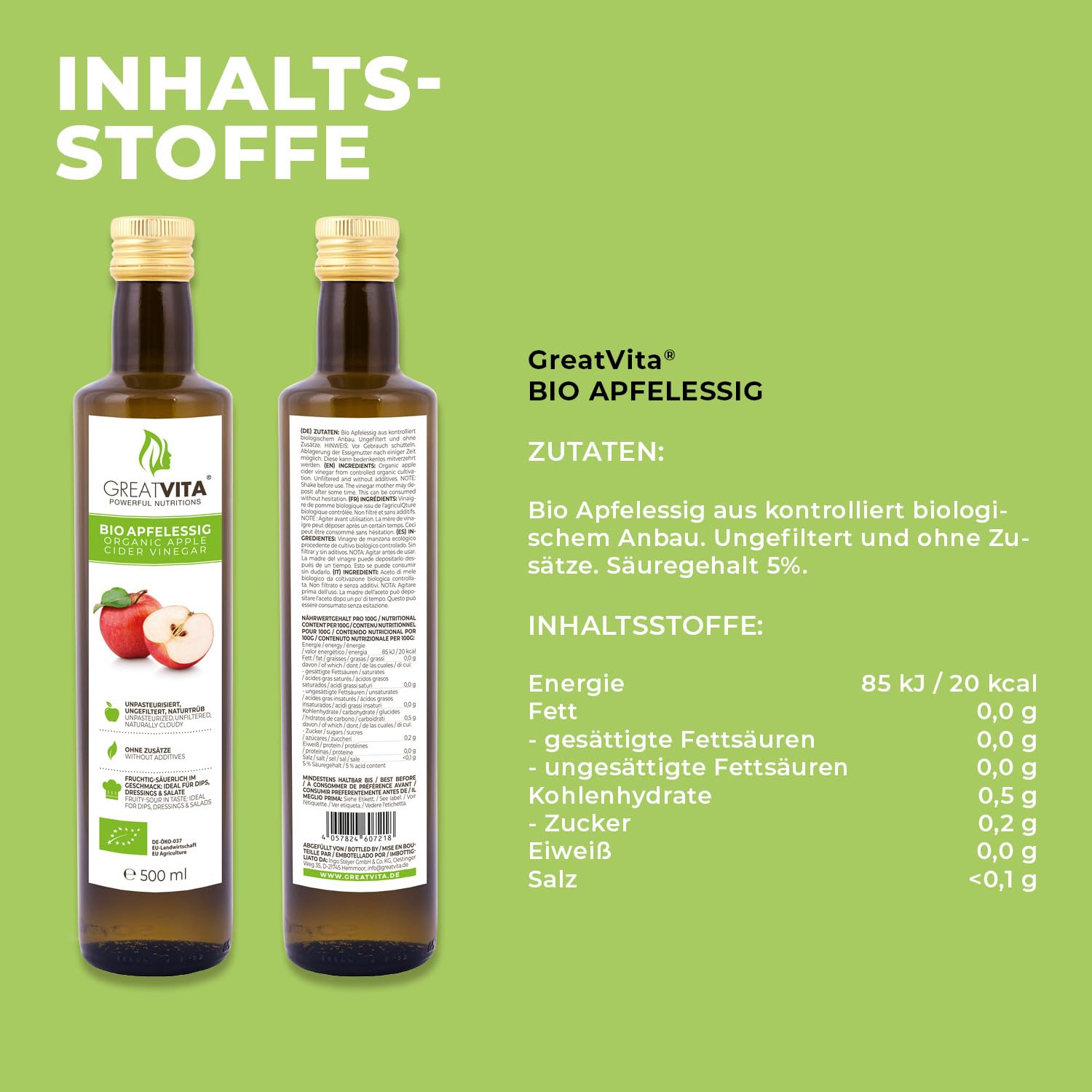 MeaVita Vinagre de Sidra Orgánico de Manzana Natural Turbio sin Filtrar 1000 ml (2 x 500 ml)