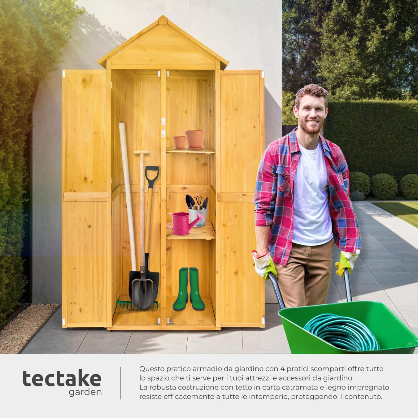 tectake® Armadio da Giardino con Tetto a Punta, Casetta Ripostiglio da Esterno con 2 Piani d'Appoggio, 2 Porte Richiudibili con Chiavistello in Acciaio, Mobile Giardino per Ricovero Attrezzi - Marrone