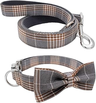 YOY Soft Comfortable Adjustable Pet Collar with Bowtie, Heavy Duty Dog Collar and Leash Set for Small Medium Large Dogs Cats, Puppy Grooming Doggy Accessories, Length 14" - 20"