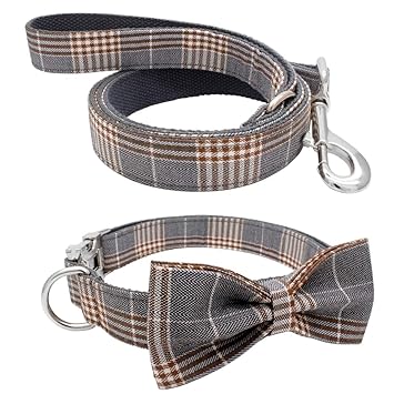 YOY Soft Comfortable Adjustable Pet Collar with Bowtie, Heavy Duty Dog Collar and Leash Set for Small Medium Large Dogs Cats, Puppy Grooming Doggy Accessories, Length 12
