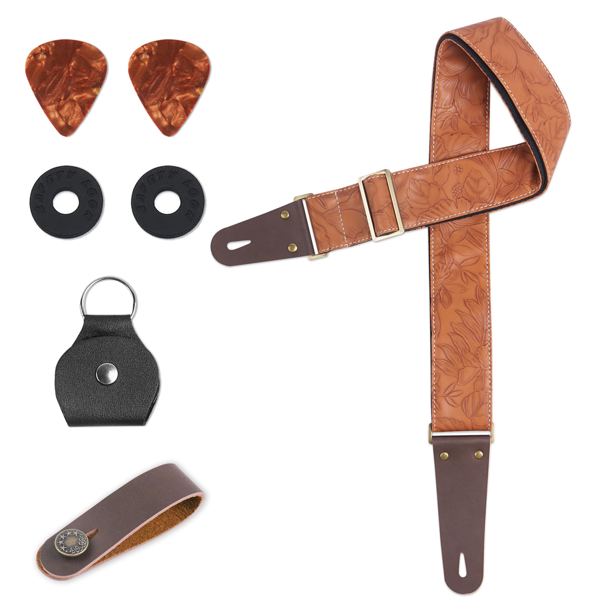 Czzmy Adjustable Guitar Strap Includes 2 Strap Locks & 2 Matching Picks.Leather ends Guitar Shoulder Strap Suitable for Acoustic Guitar,Electric Guitar,Gift for Guitarist(1-Carved Light Brown)