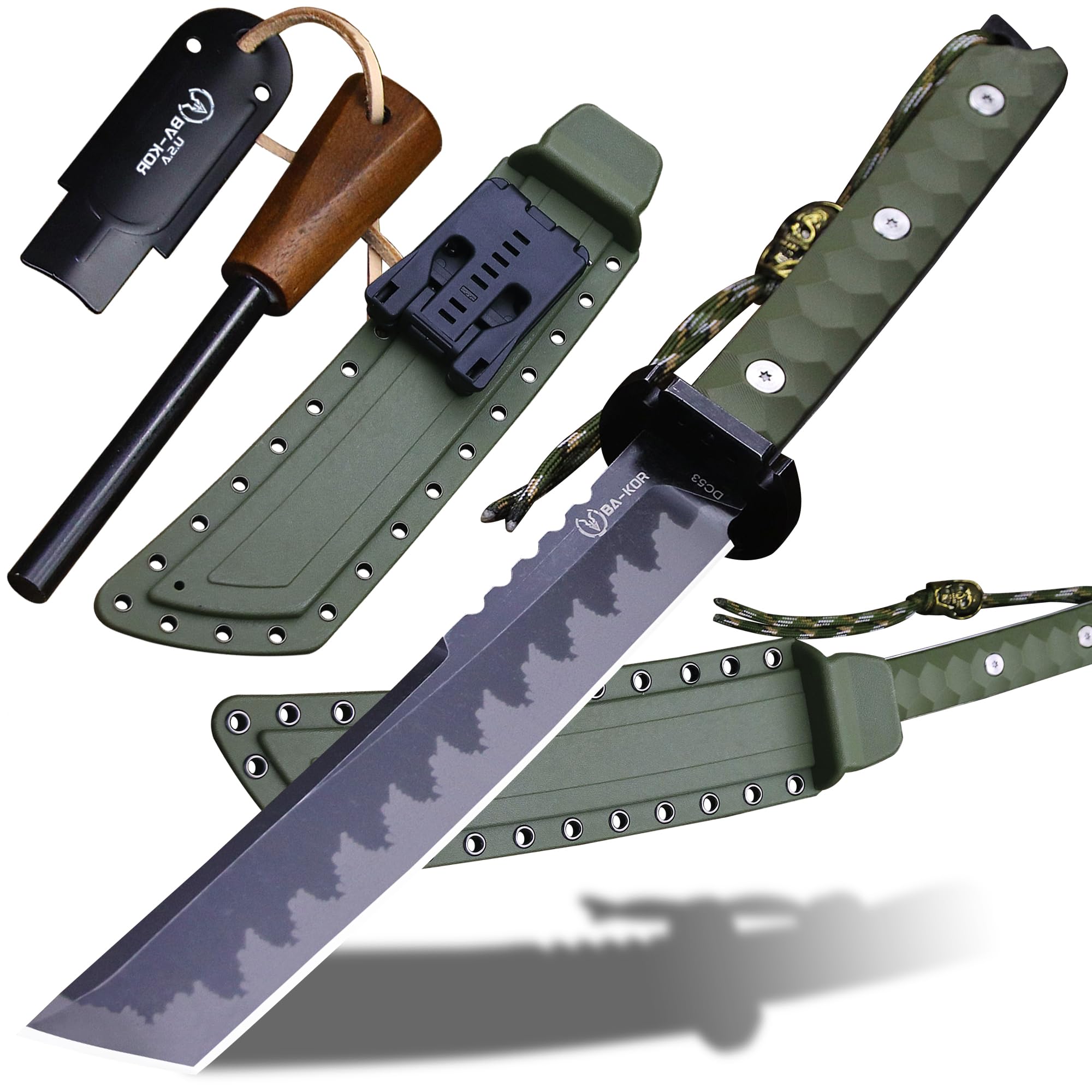 BA-KOR 15.8in Full Tang Japanese Style Outdoor Knife –8mm DC53 Steel, Nylon Fiber Handle &Sheath, Hunting Survival Knife+(5.9in) cerium igniter (Green handle and black blade (8mm))