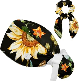 FVQL 2 Pieces Surgical Cap for Long Hair Scrub Cap with Hairband Nurse Cap, Sunflower and Corn Pattern
