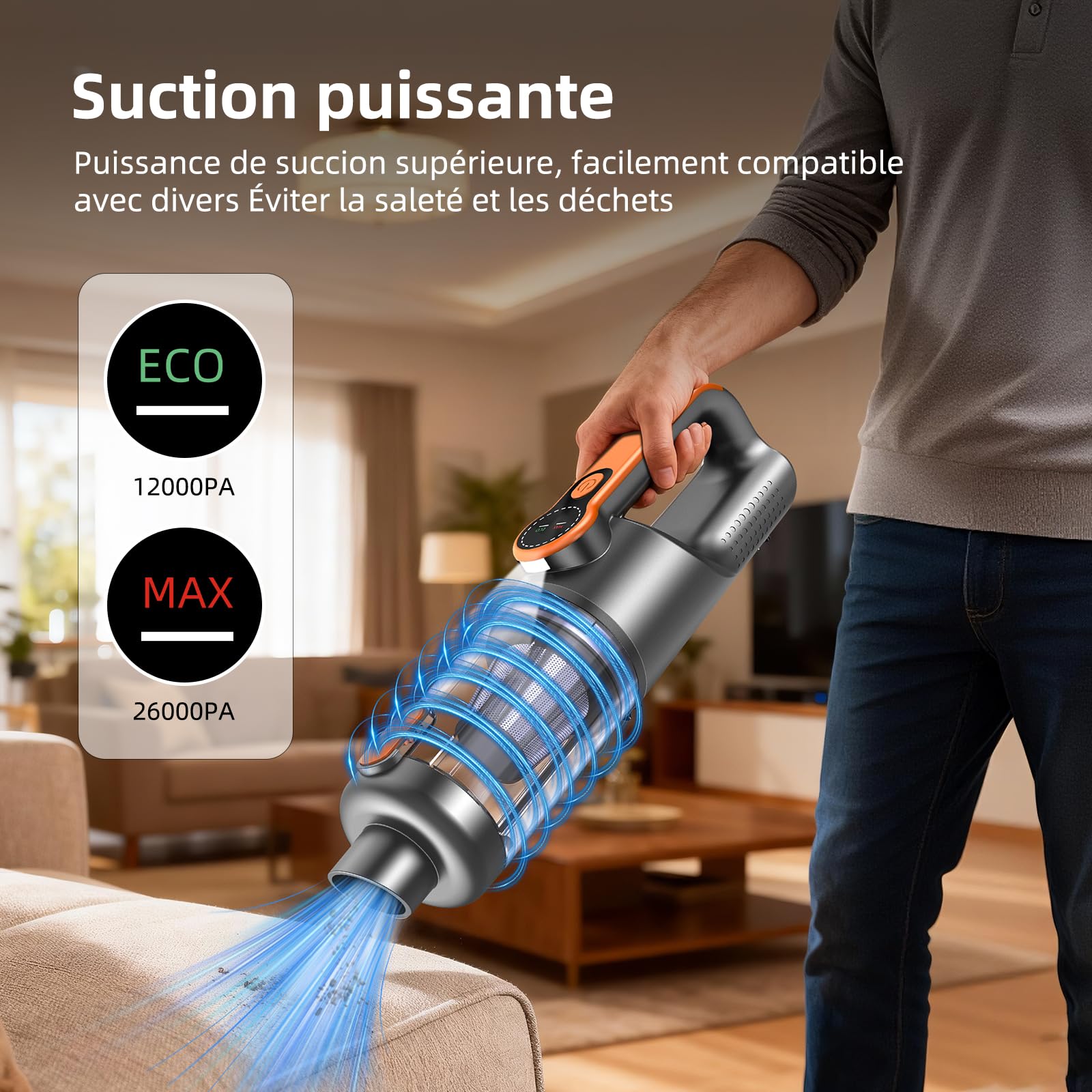 Aspirateur à Main, 26000Pa 4-in-1 Aspirateur sans Fil Puissant, Dépoussiérage par One Pression, Moteur sans Balais, écran HD et Lumière LED, Mini Aspirateur Voiture pour Maison/Bureau/Voiture, Orange