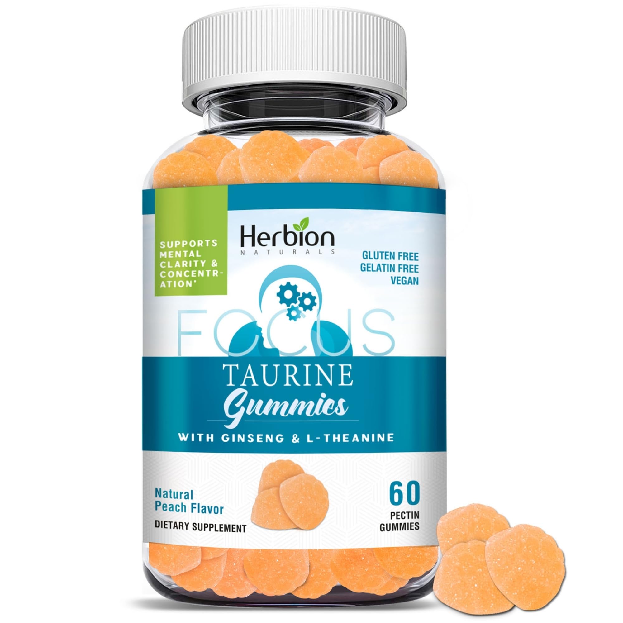 Taurine Gummies with Ginseng, L-Theanine, Vitamin C, B3, B6, & B12, helps Support Mental Clarity & Concentration*, Natural Peach Flavor, Gluten-Free, 60 Pectin Gummies, Made in USA.