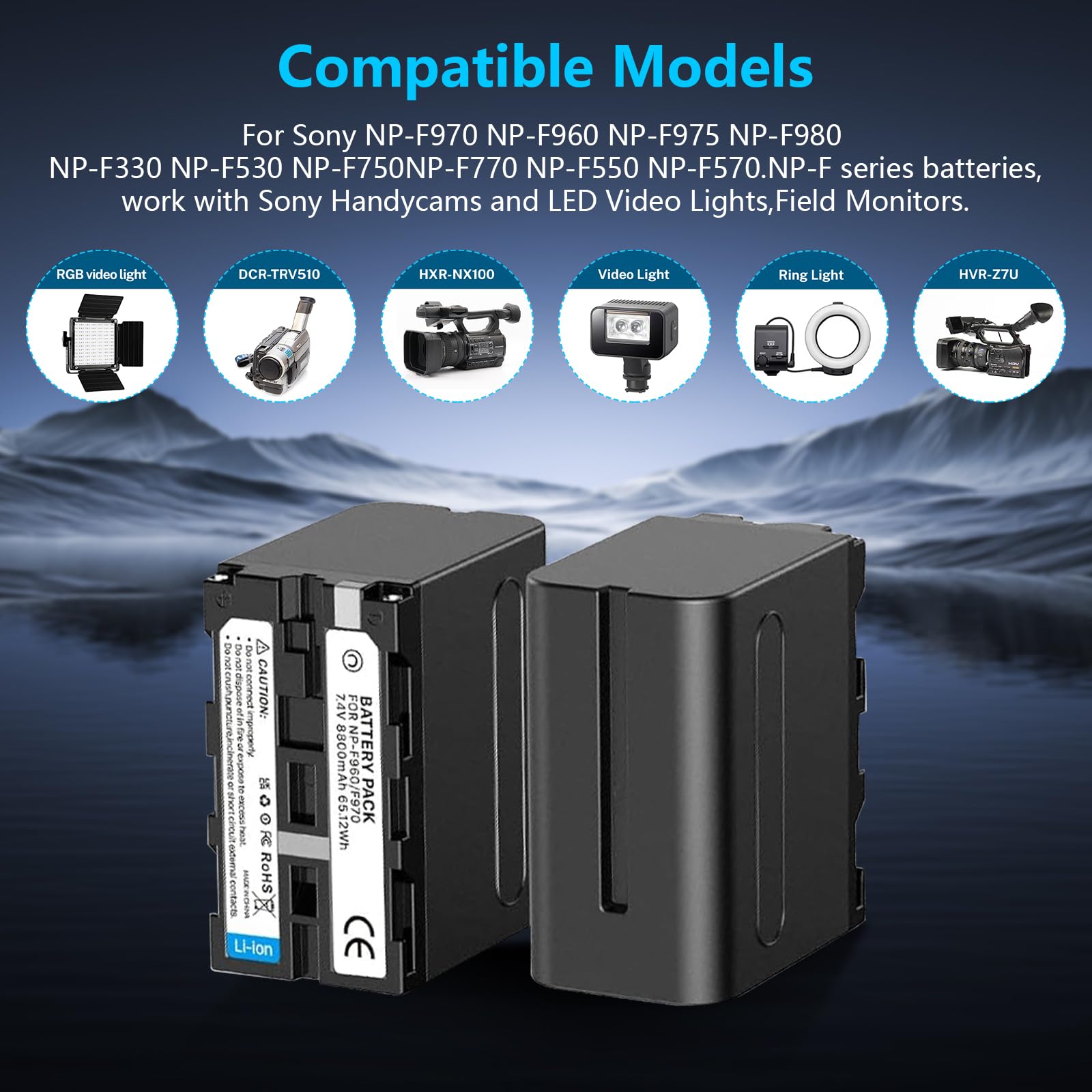 2 Stück NP-F970 8800mAh Ersatzakku Dual USB Schnellladegerät Kompatibel mit Sony NP-F960 NP-F950 NP-F930 NP-F550 NP-F570 NP-F750 Batterien, für Handycams, Feldmonitor, Videolicht