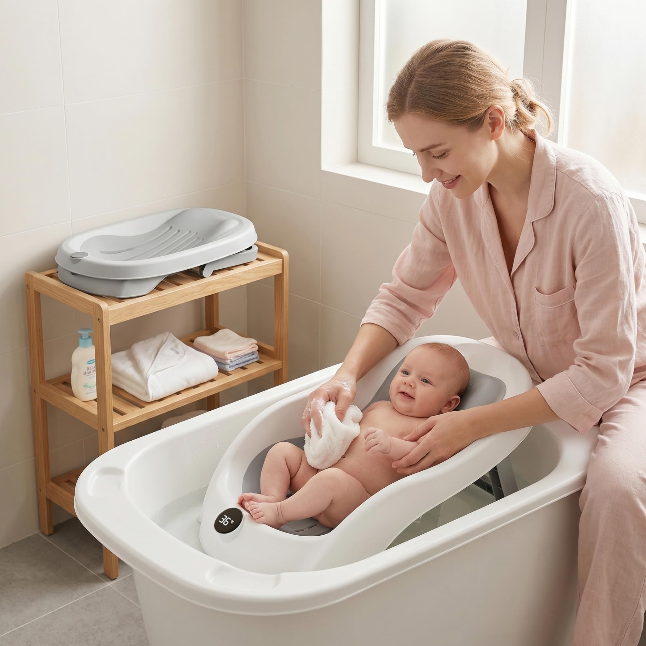 Supporto per bagnetto, vaschetta per il bagnetto con display digitale della temperatura e drenaggio, seggiolino pieghevole per vasca da bagno antiscivolo per neonati (grigio) #1