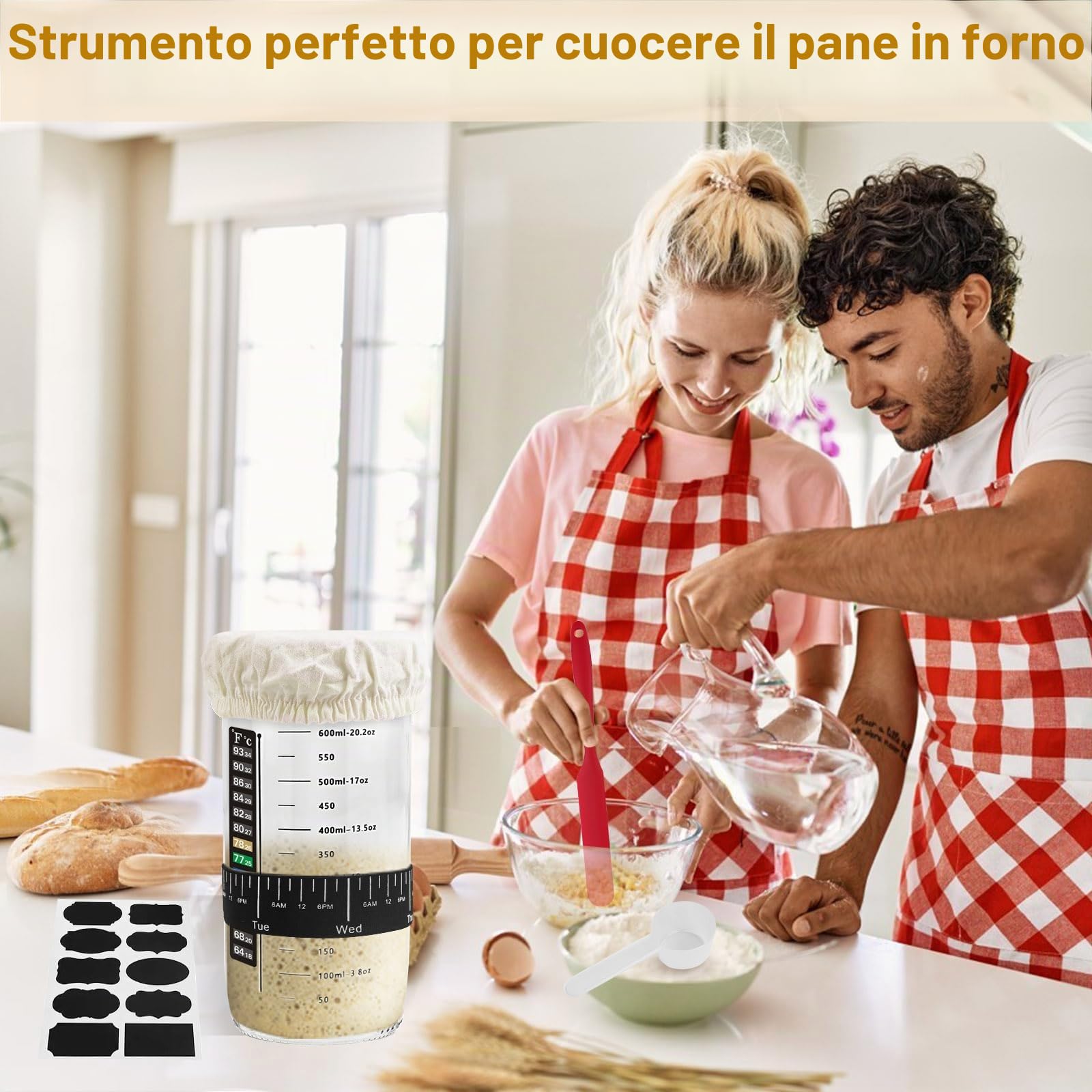 DONQL Barattolo per Lievito Madre in Vetro, 730ML Starter Kit di Lievito, Contenitore Lievito Madre di Vetro con Termometro, Raschietto in Silicone, Misurino, Kit Lievito Madre per Panificazione Casa