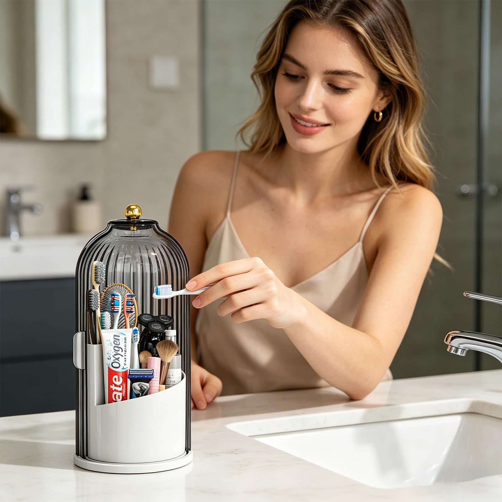Soporte para cepillo de dientes a prueba de polvo con tapa, giratorio de 360 grados, soporte de pasta de dientes eléctrico con cubierta para baño, soporte para brochas de maquillaje de 3