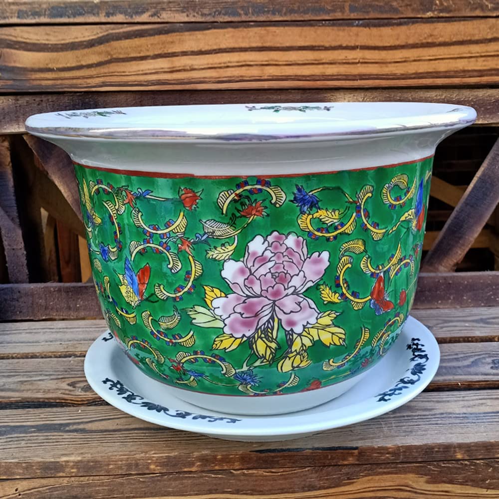 DFGHNBVC Ceramic Planter Pot Chinoiserie Plant Pots For Indoor Outdoor Flowers House Plants Jingdezhen Hand Painted Pastel Pottery,Green-34cm