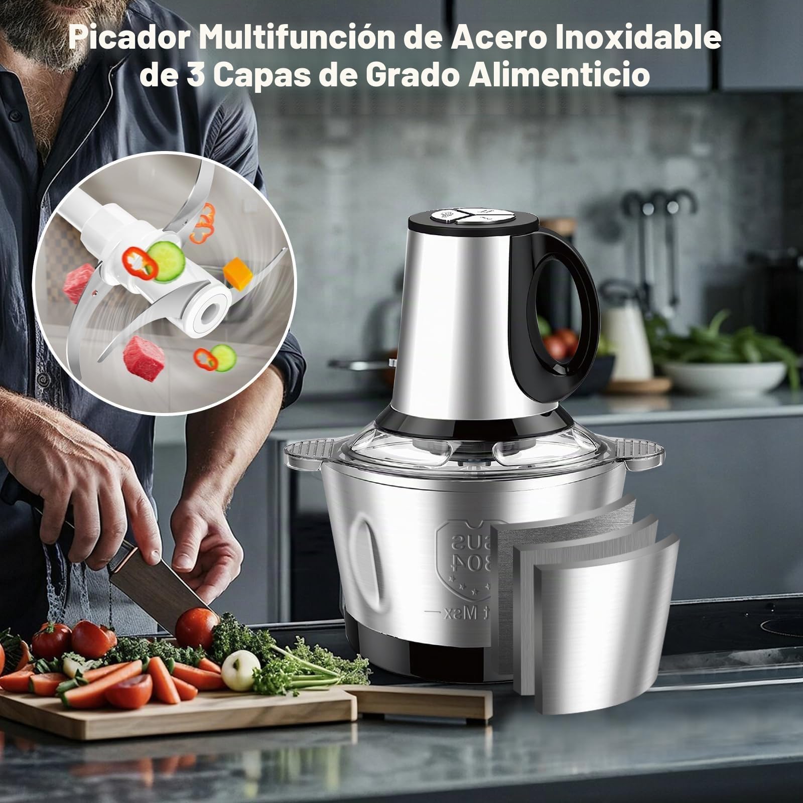 Picadora eléctrica de 600 W, cuenco de acero inoxidable de 2 litros, 3 velocidades, procesador de alimentos para carne, verduras, ajo, nueces