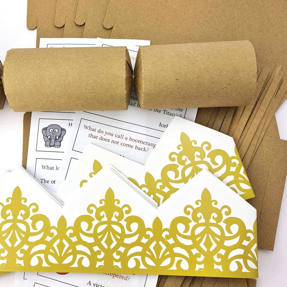 Bespoke By Crafty Capers 50 Natural Kraft Crackers | With Snappy Strips, Hats & Jokes | Recycled