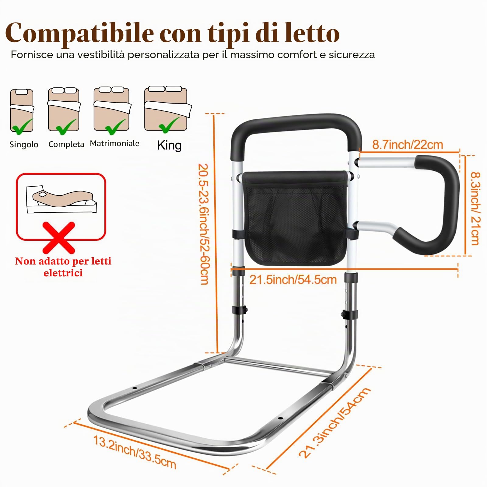 DePango - Griglia per la sicurezza degli anziani, altezza regolabile e griglia del letto con spazio per letti queen e king-size, griglia di protezione per letto in acciaio al carbonio per anziani