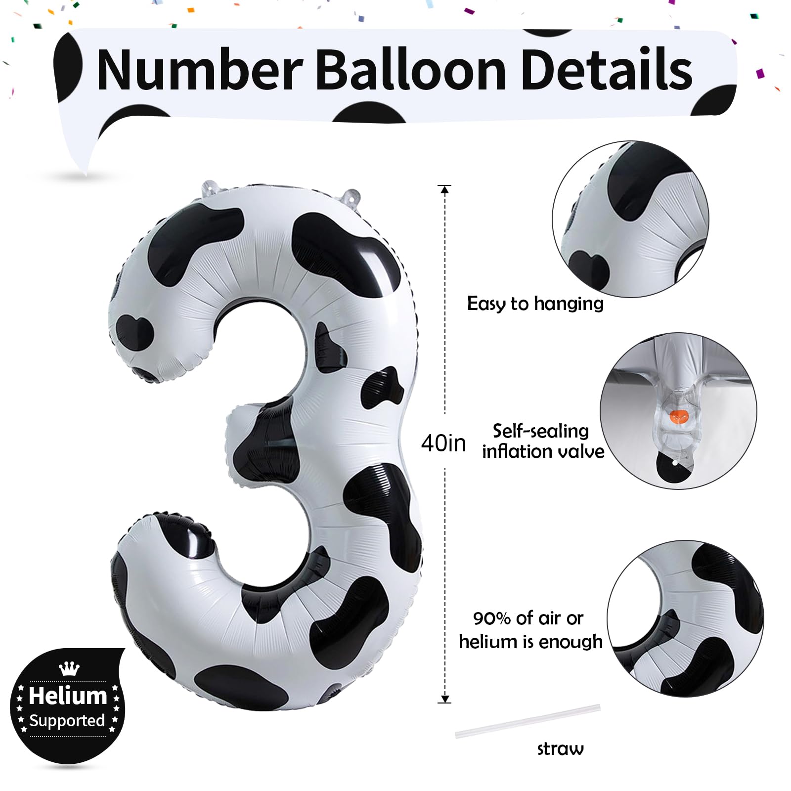 Bauernhof 3. Geburtstag Deko für Mädchen, Große Helium Kuh Druck Zahl 3 Luftballon Geburtstagsdeko, 40 Zoll Folienballons für Kinder Jungen 3. Bauernhof Tierthema Geburtstag Cowgirl Cowboy Party Deko