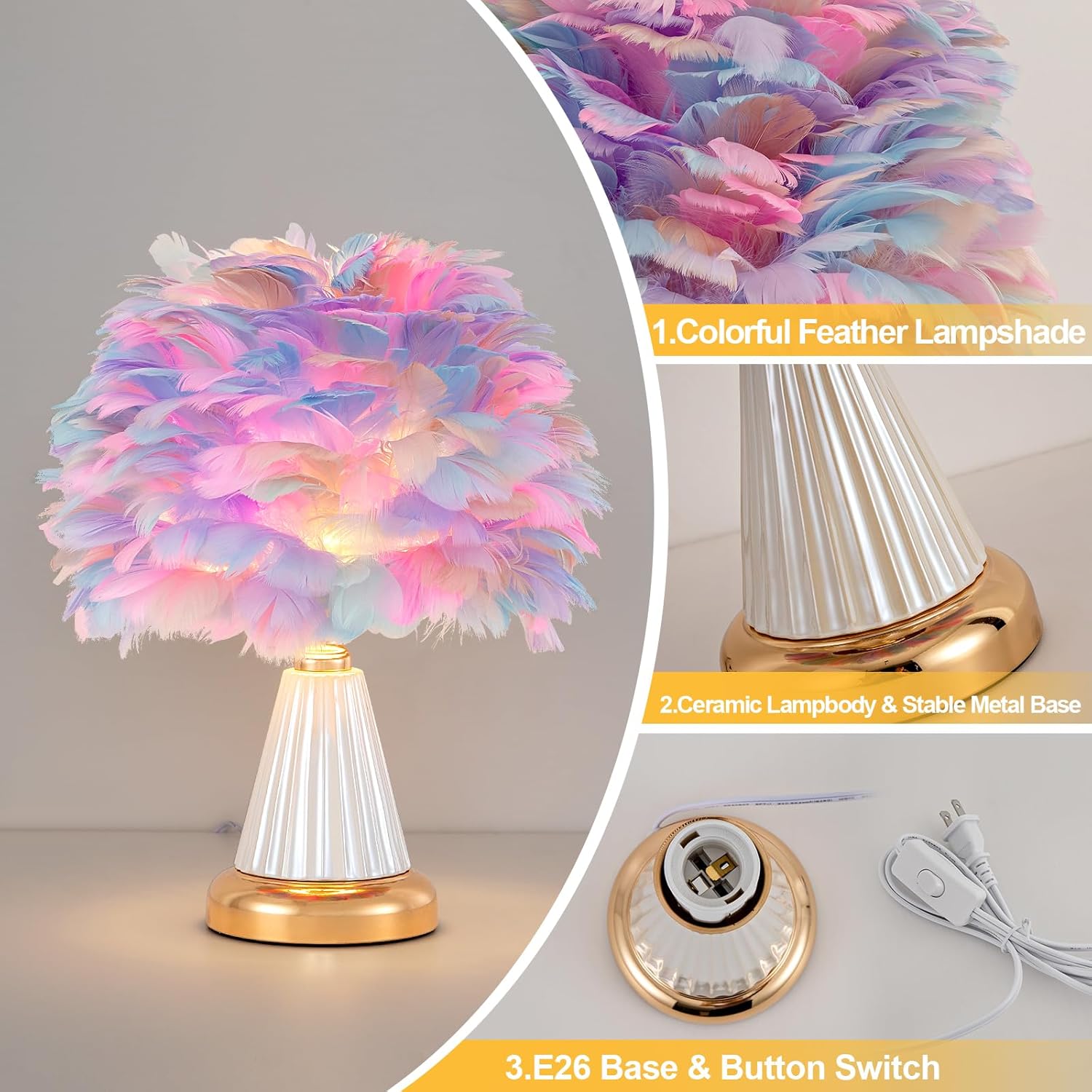 ZYLEISENBAO Colorful Feather Table Lamp Cute Ceramic Fluffy Bedside Lamp Princess Furry Nightstand Light Girl Romantic Desk Lamp for Girl Bedroom Living Room Office Nursery Valentines Wedding Decor
