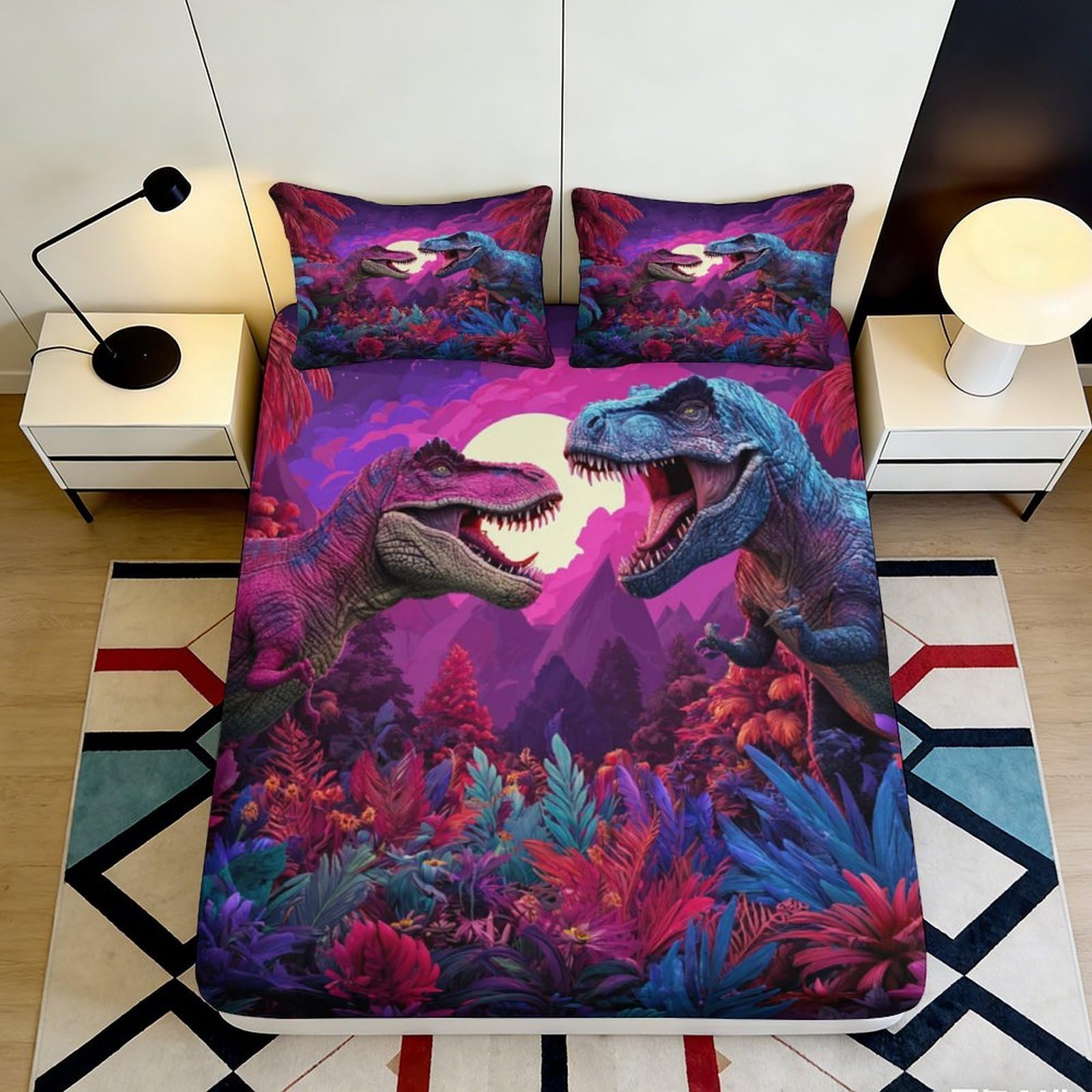 3D Printed Dinosaur Jungle Fitted Sheet Microfiber Soft Breathable Moonlight Bed Cover for Bedroom Dormitory Guest Room Mattress Protection Decor 160x200x25cm