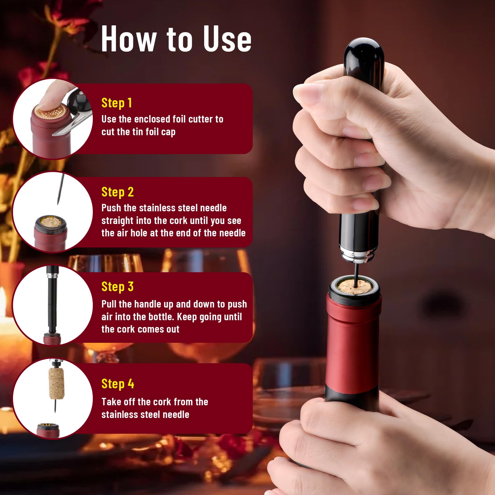 Sacacorchos Profesional de Aire a Presión - Pack de 3 Tycoonest Abridor Vino Rápido Fácil Extractor Corcho sin Roturas Agujas Acero Inoxidable Cortacápsulas Alternativa Eléctrico Regalo Amantes Vino