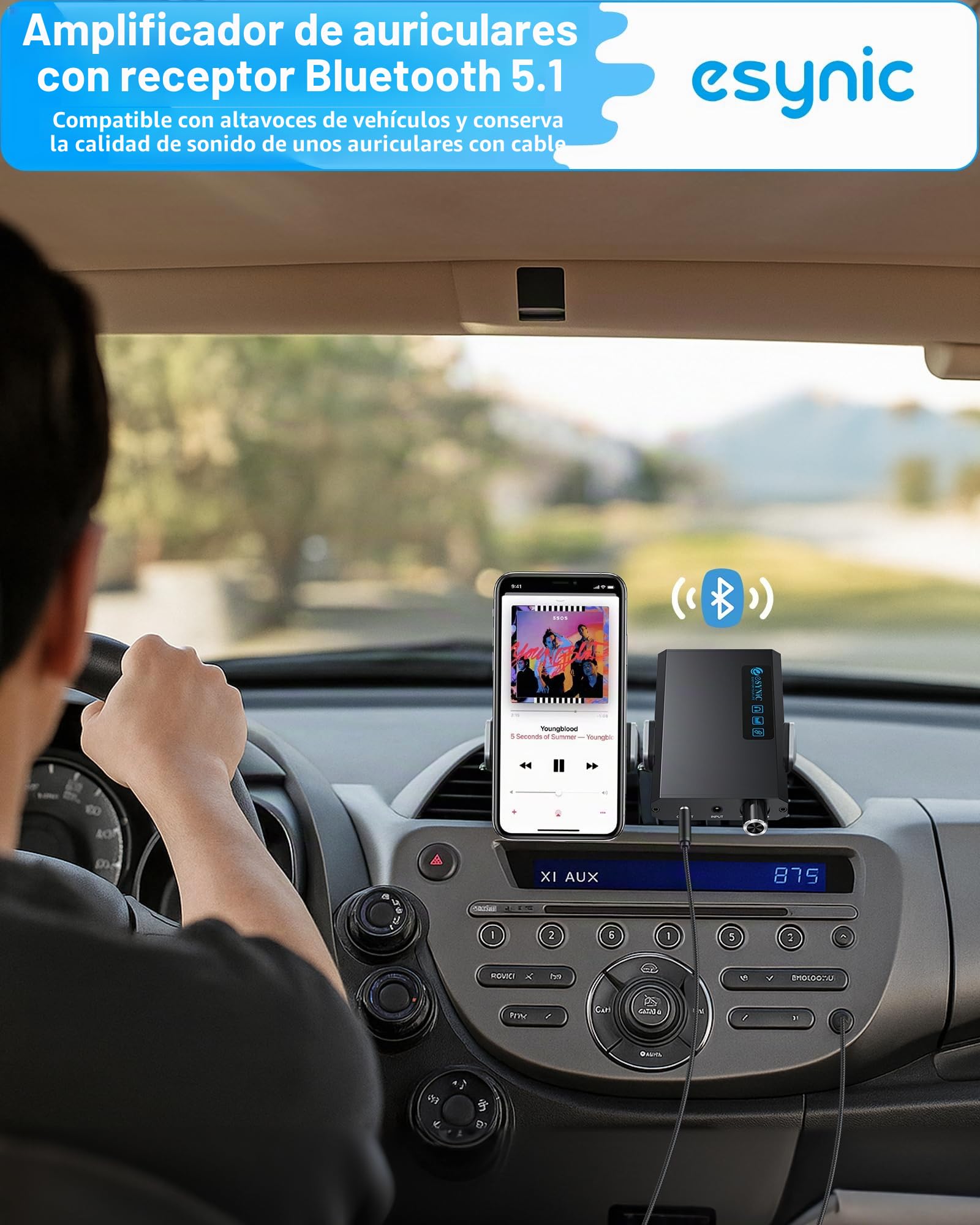 eSynic Amplificador HiFi para Auriculares con Receptor Bluetooth 5.1, Impedancia 16-300Ω, 2 Niveles de Ganancia, Batería Recargable de 1500mAh con Cable USB-C y Cable de Audio para MP3 Smartphone