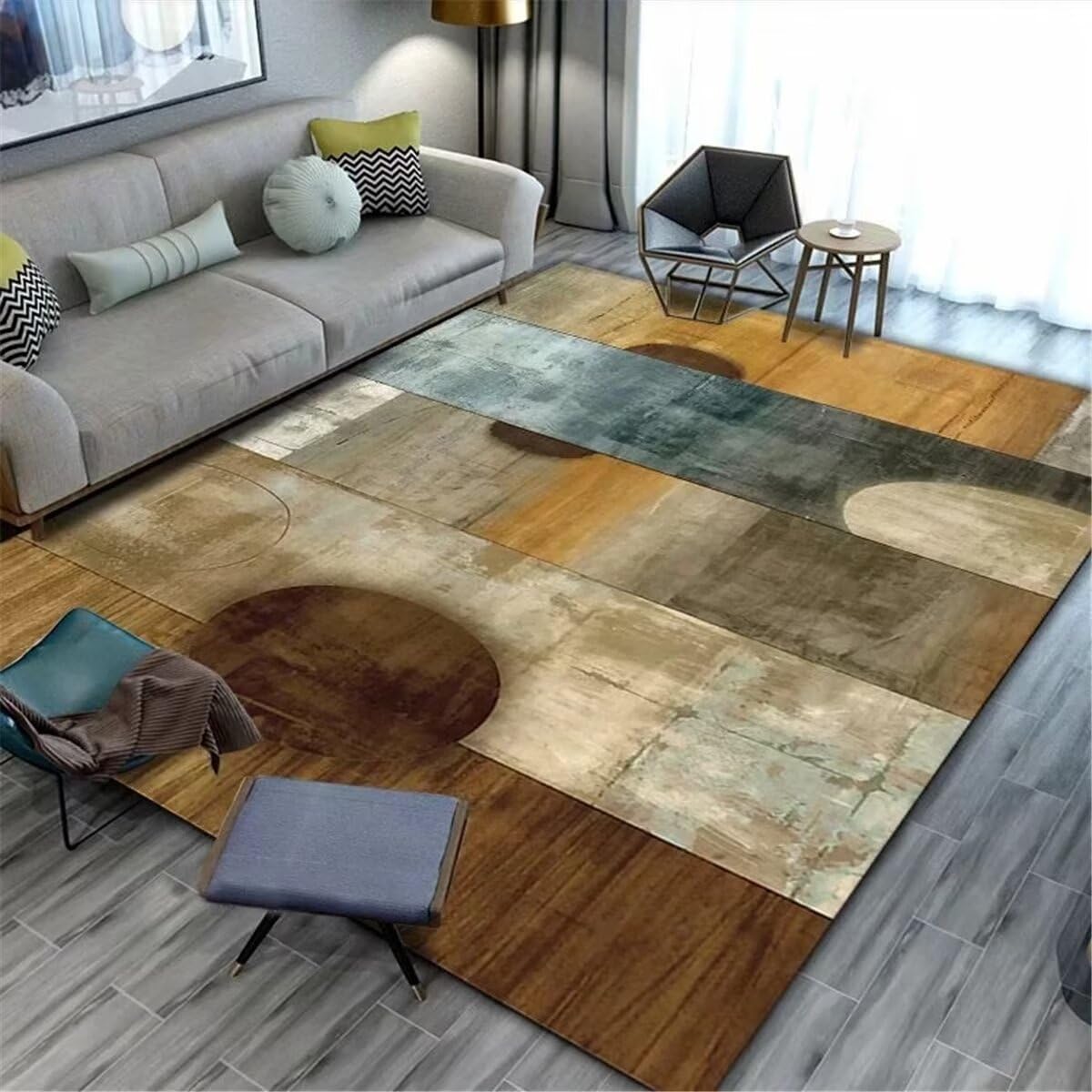 Deco chambre garcon : tapis marron rond au design géométrique pour chambre bébé chic