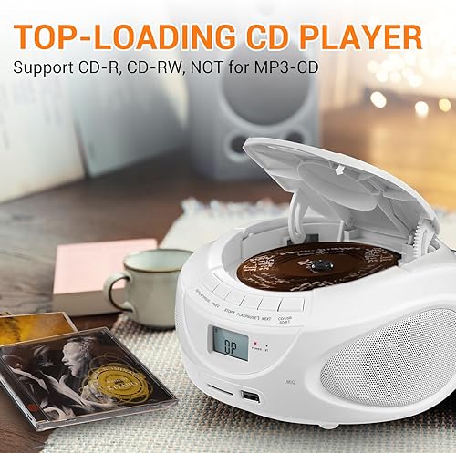 Miniatura 4 de Gelielim Reproductor de CD portátil Boombox, radio AMFM, altavoz Bluetooth, compatible con CDUSBSDBTAUX, conector para auriculares, regalos para