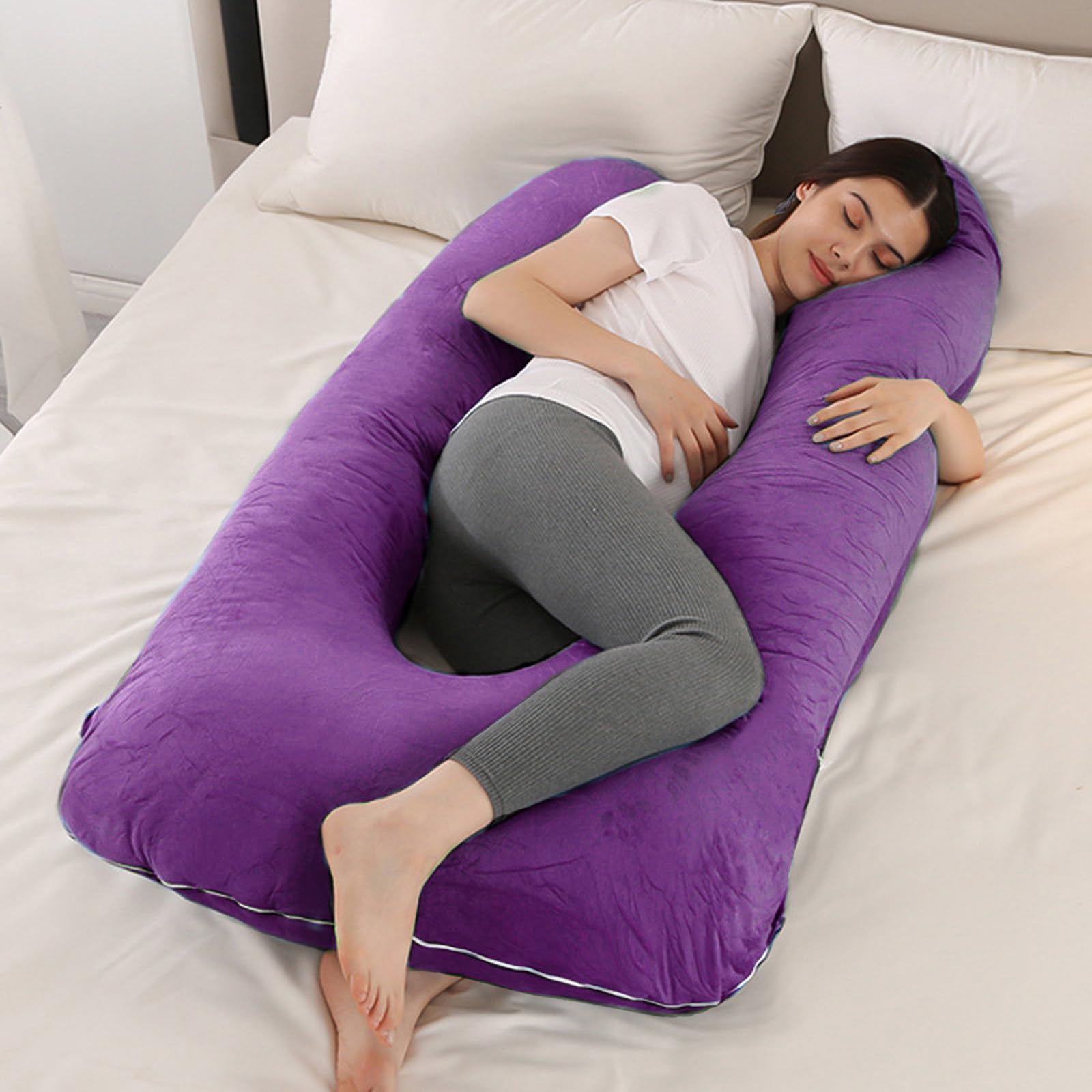 CALIYO Almohada de maternidad de 2 piezas en forma de U, almohada para dormir de lado con funda, cojín de lactancia grande, almohada de lactancia y cojín cómodo para adultos (lila, terciopelo