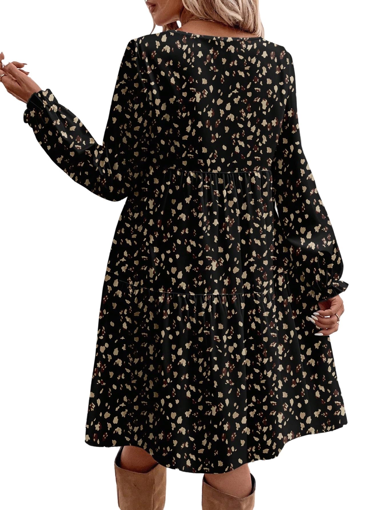 SweatyRocks Vestido de manga larga para mujer, estilo informal, informal, con flores, túnica, con volantes