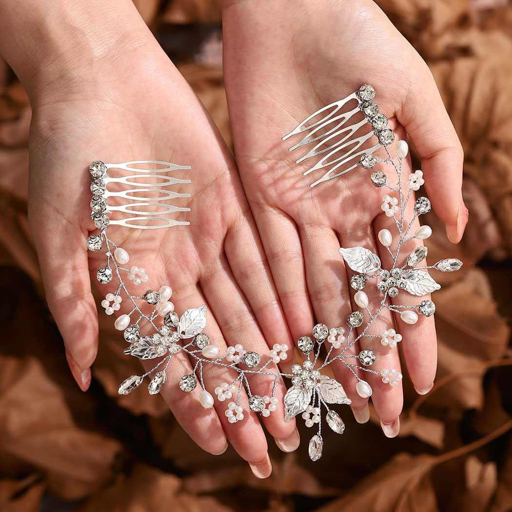 Gorais Crystal Bride Wedding Hair Combs Leaf Bridal Hair Pieces Pearl Hair Accessories for Women and Girls (B-Silver)