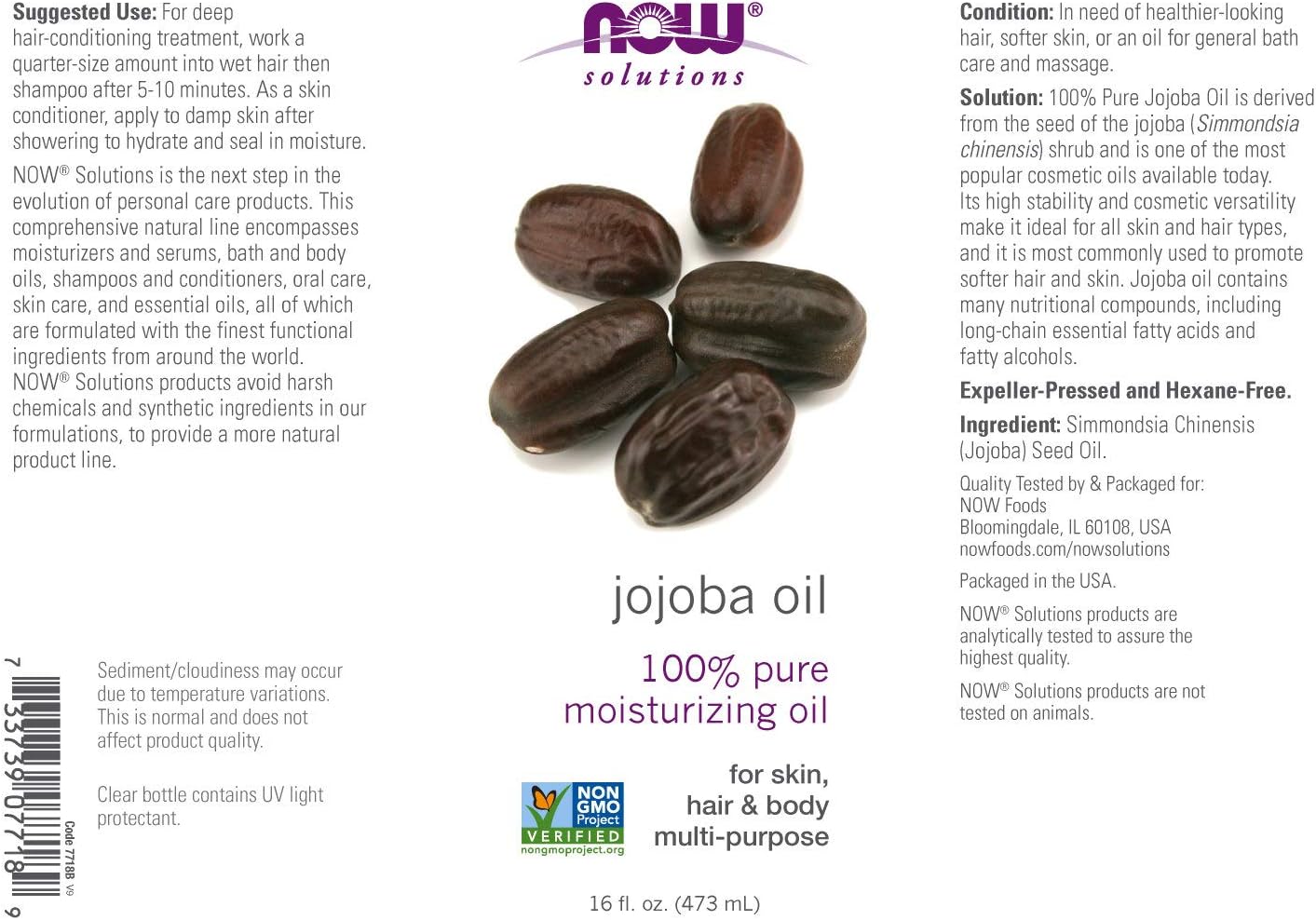 NOW Solutions, Jojoba Oil, 100% Pure Moisturizing, Multi-Purpose Oil for Face, Hair and Body, 16-Ounce : Beauty & Personal Care