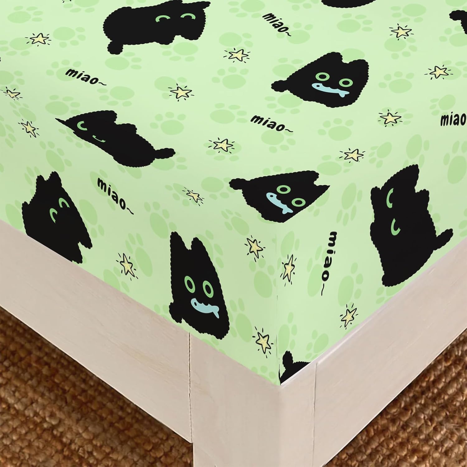 Cute Black Cat Kids Full Sheet Sets, Soft and Breathable Microfiber Green Sheets,Fitted Sheet Flat Sheet Pillowcases
