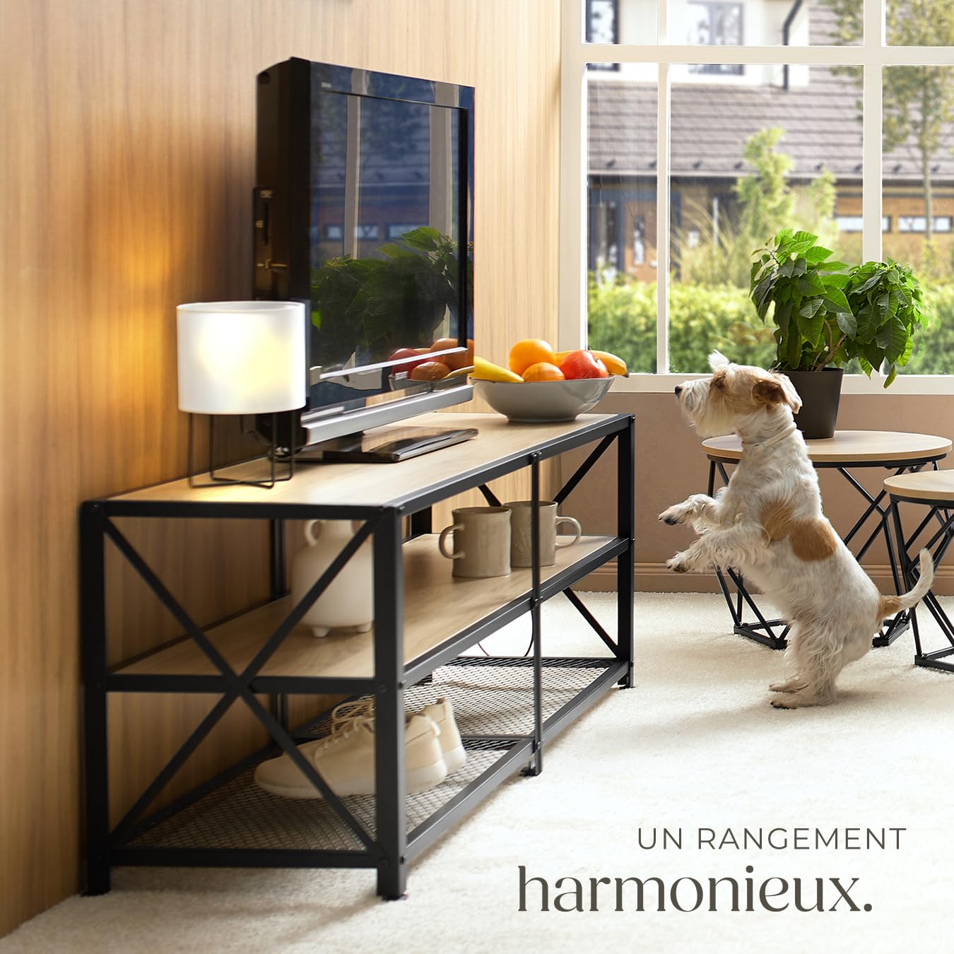 tectake® Meuble TV 141 x 41,5 x 50,5 cm, Banc TV Salon Chambre, Meuble Rangement Television, Style Industriel, 3 Niveaux Ouverts et Fond grillagé, Meubles de Salon pour télévision, Bois Clair
